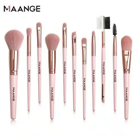 Maange 11-piece pink makeup brush set with soft synthetic bristles, clearly displayed on white.
