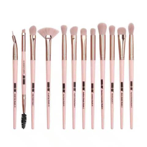 Maange 12-piece eye brush set showcasing vibrant pink handles, rose gold ferrules, and soft white bristles.