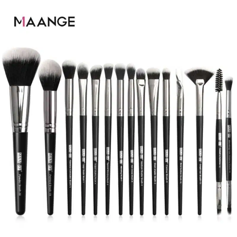 Close-up of Maange black makeup brushes, showing various brush heads and soft bristle textures. - thumbnail