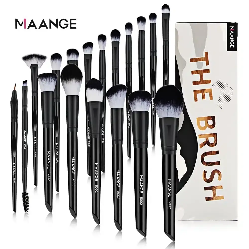 Maange 18 Pcs dark black makeup brush set with synthetic bristles and open storage pouch. - thumbnail