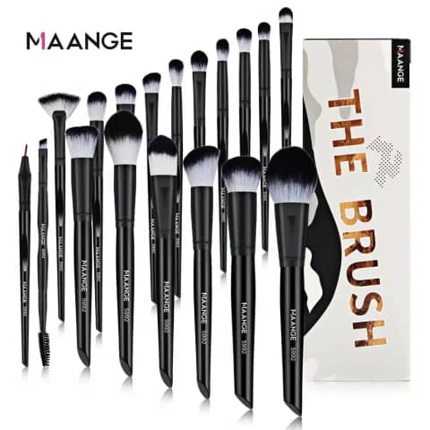 Maange 18 Pcs dark black makeup brush set with synthetic bristles and open storage pouch.