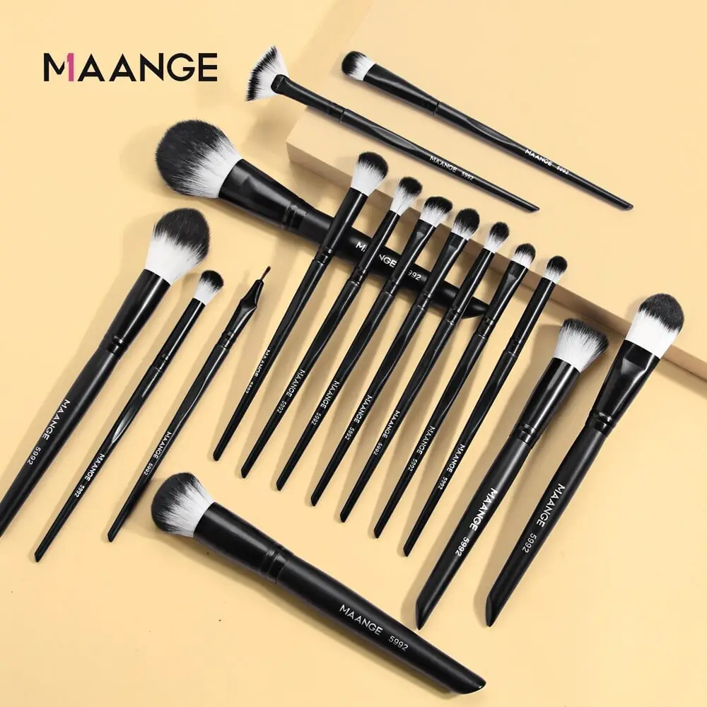 Maange 18 Pcs dark black makeup brush set neatly stored inside its open travel pouch. - thumbnail