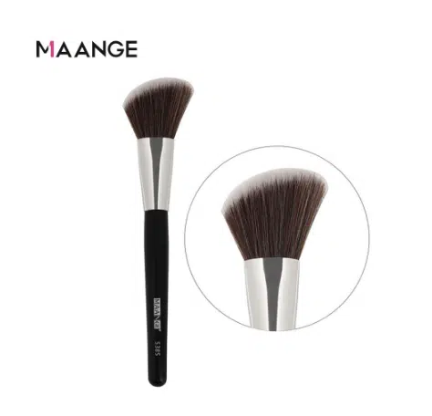 Maange angled round makeup brush featuring a sleek black handle and soft, dual-tone brown bristles.