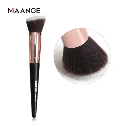 Maange professional foundation and blush brush features dense beige bristles, rose gold ferrule, black handle.