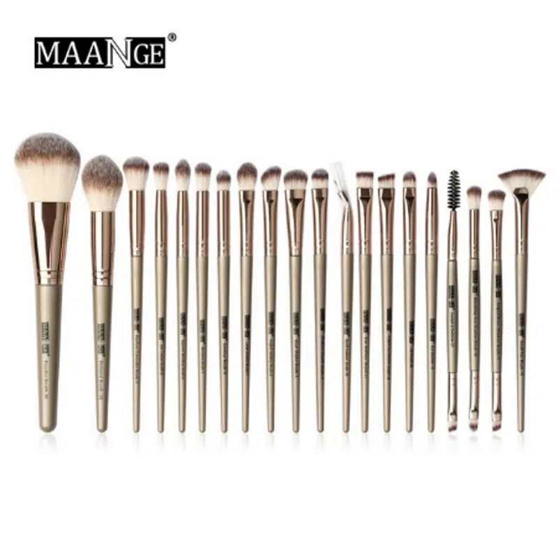 Maange 20-piece professional makeup brush set with black handles and white bristles fanned out.