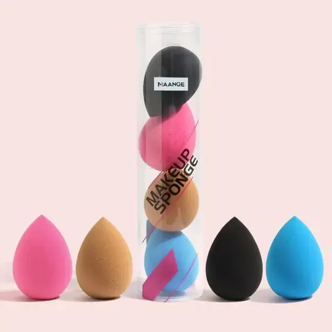 Maange 4-piece colorful beauty sponge set in a pink box, showing various soft blending tools.