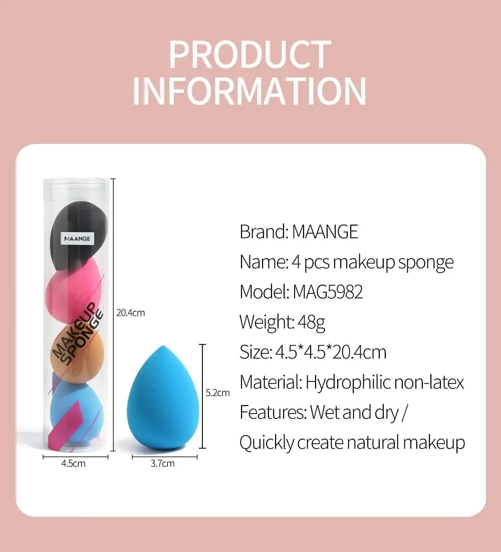 Four vibrant Maange beauty sponges, pink, yellow, blue, and purple, displayed for makeup blending. - thumbnail