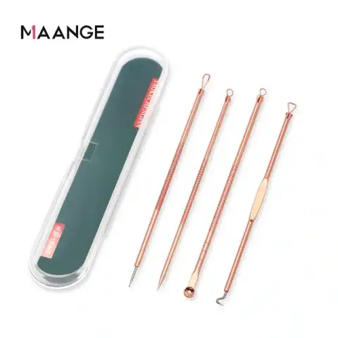 Maange 4-piece metallic blackhead removal needles set, showing various loop and pointed tools.
