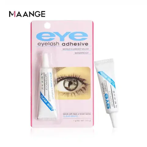 White Maange False Eyelash Adhesive Glue tube with pink branding and shiny silver cap, angled slightly.