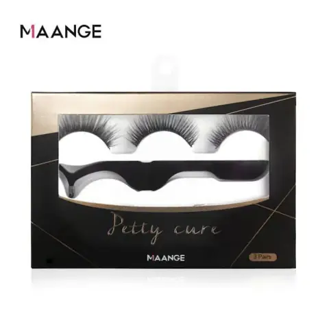 Three pairs of Maange 3D mink false eyelashes beautifully arranged in clear packaging with a pink background.