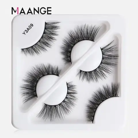 Three pairs of Maange Y3A09 black false eyelashes displayed in their clear retail packaging.