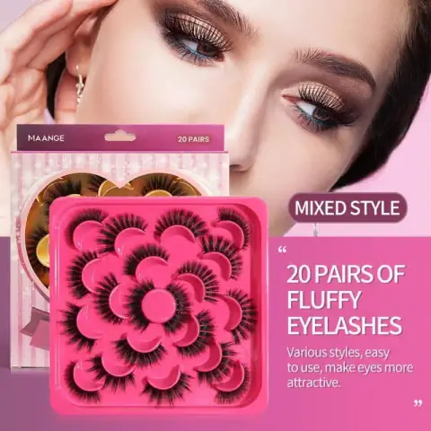 Maange fluffy mink false eyelashes 20 pairs box, dramatic black volume, with clear lid packaging.