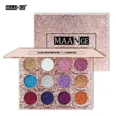 Open Maange 12-color glitter eyeshadow palette showcasing vibrant shimmery shades in a black compact.