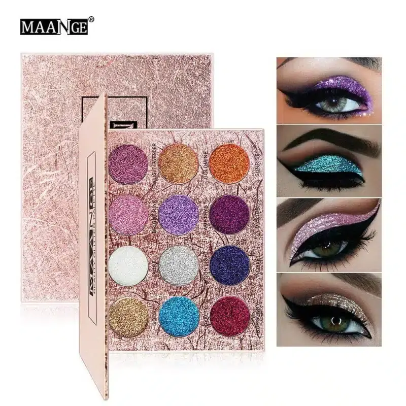 Close-up of Maange 12-color glitter eyeshadow palette, highlighting shimmery texture and individual vibrant shades. - thumbnail