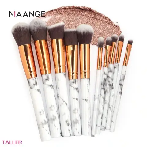 Maange 10 Pcs Kabuki brush set featuring light handles, rose gold ferrules, and two-toned brown bristles.