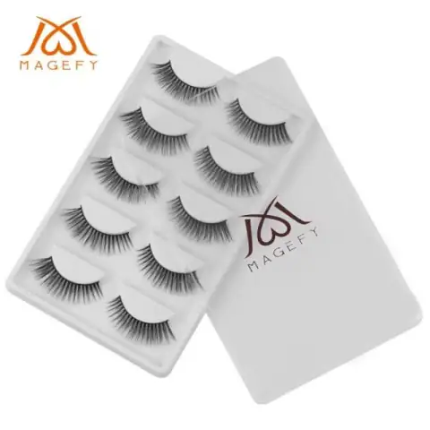 Maange Magefy 5 pairs of black 3D false eyelashes displayed in their clear plastic packaging.
