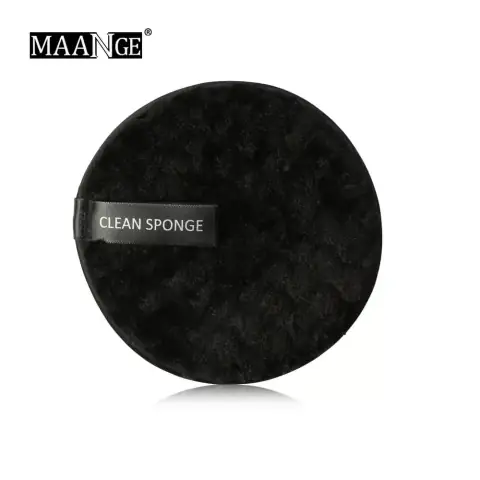 Maange black oval makeup remover sponge, front view, showing soft, reusable texture.