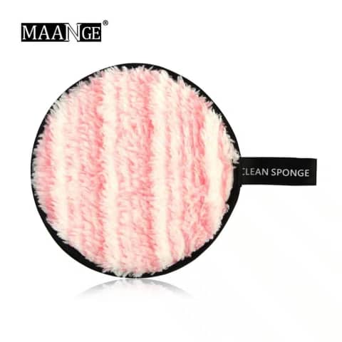 Maange white and pink make up remover sponge, showcasing its soft velvety texture.