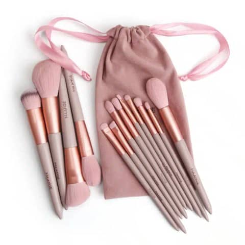 Maange 13 Pcs makeup brush set with rose gold ferrules in black bag.