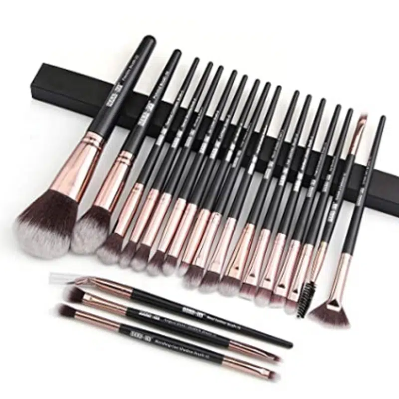 Maange 20-piece professional makeup brush set with sleek black handles and soft bristles, neatly arranged.