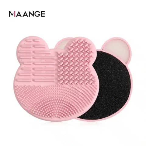 Maange light pink silicone bear-shaped makeup brush cleaner pad with textured washing surfaces.