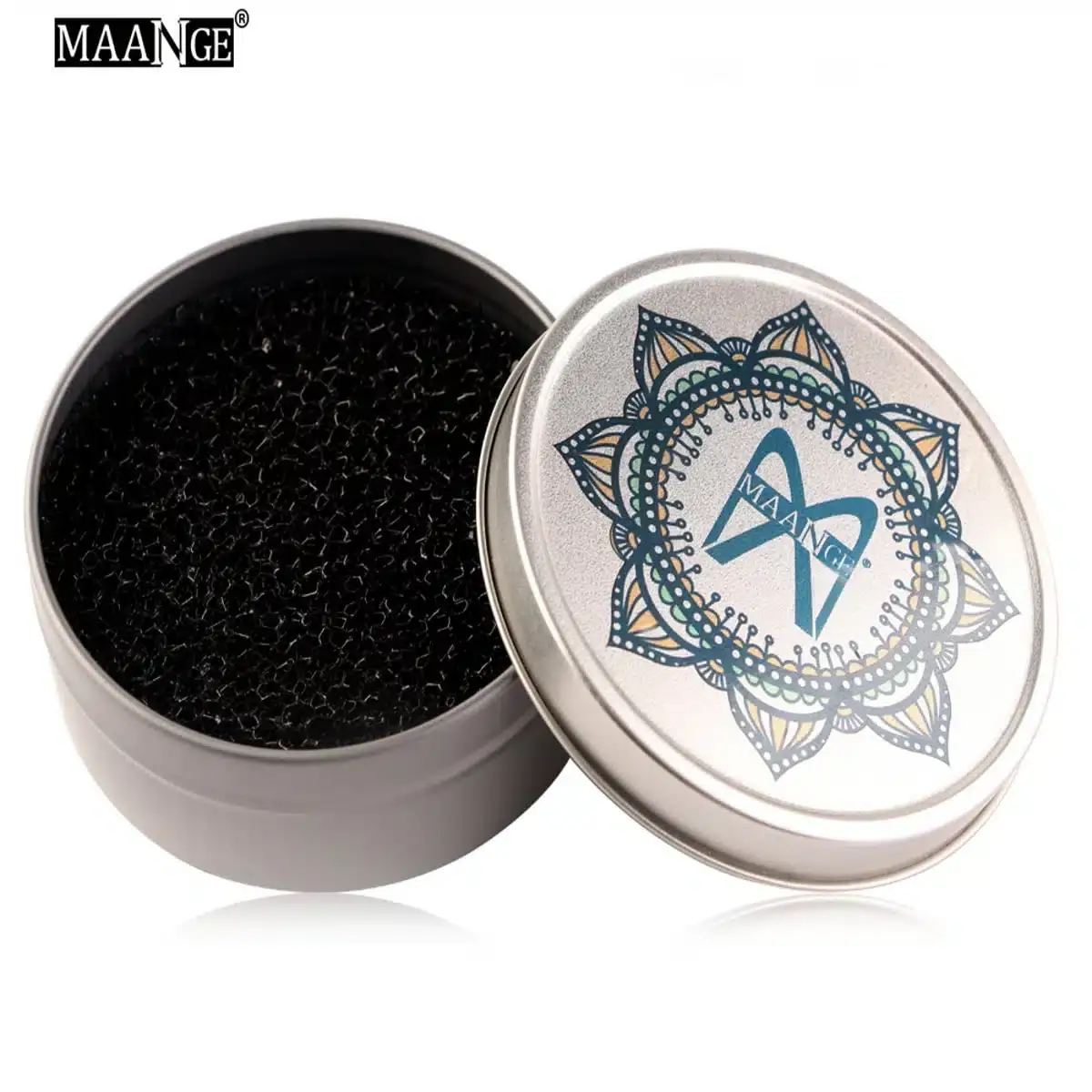 Maange brush cleaning box open, showing white sponge with multiple pink and gold makeup brushes. - thumbnail