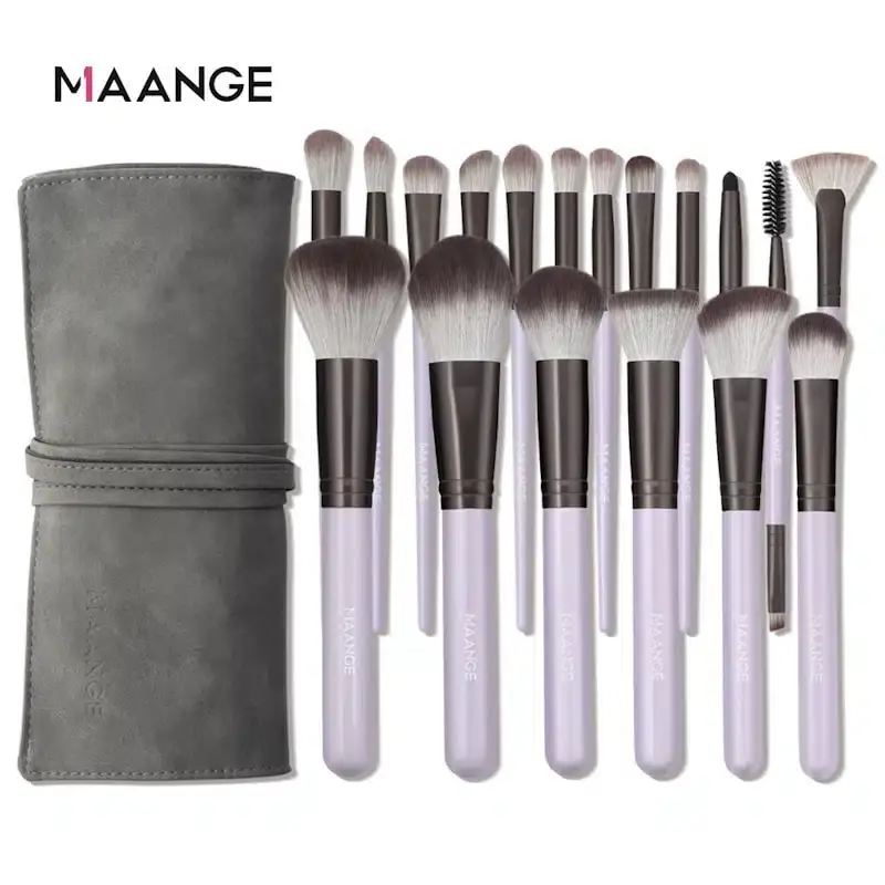 Maange 18 Pcs premium makeup brush set, rose gold handles, soft white bristles, professionally laid out. - thumbnail
