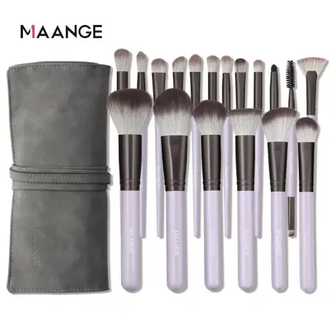 Maange 18 Pcs premium makeup brush set, rose gold handles, soft white bristles, professionally laid out.
