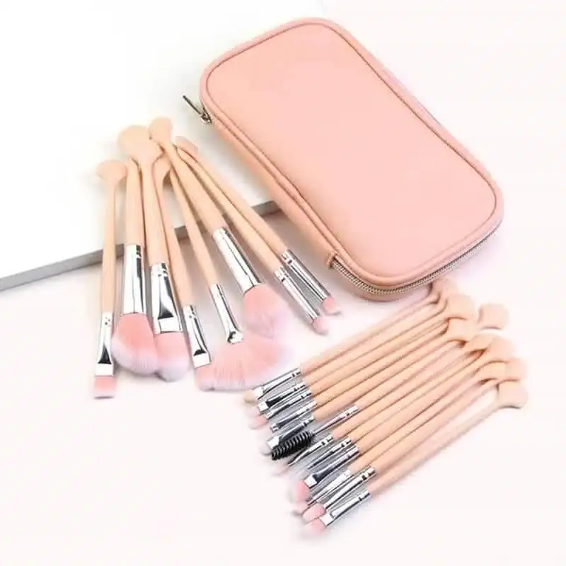 Maange 20-piece makeup brush set: black and pink handled brushes, open pink drawstring bag. - thumbnail