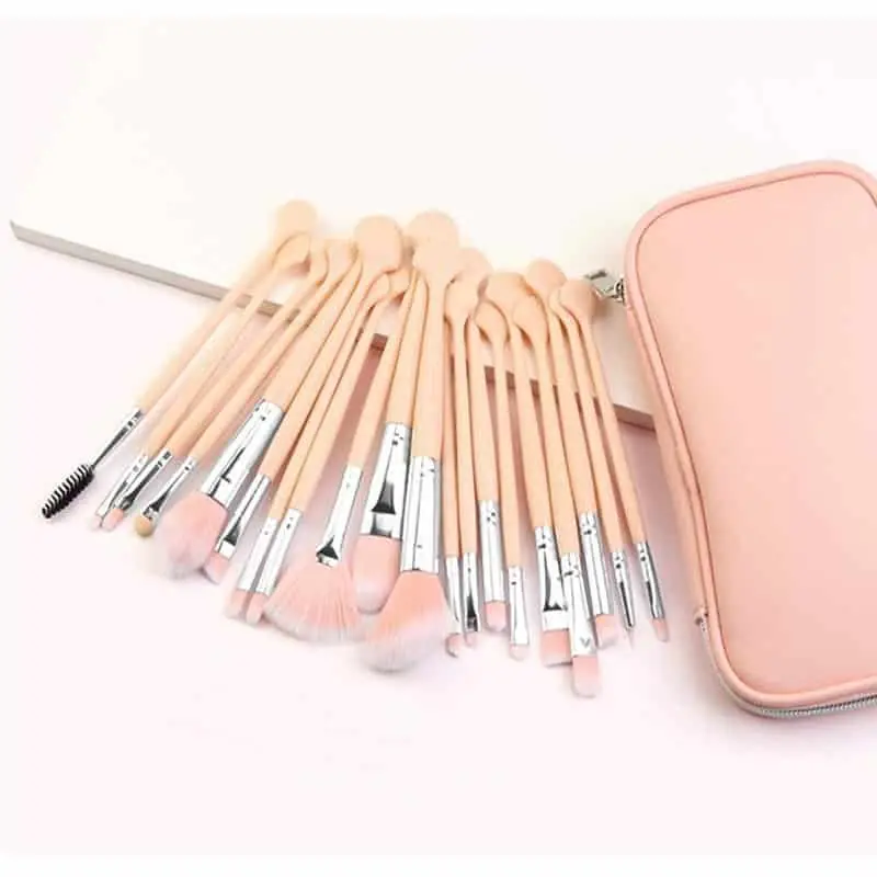 Maange 20-piece makeup brush set's soft pink drawstring storage bag, with assorted brushes displayed. - thumbnail