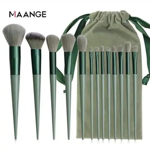 Green Maange 13-piece makeup brush set with soft bristles displayed in open cylindrical bag.