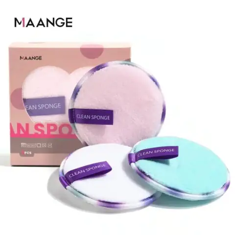 Maange bundle of three soft pastel makeup remover sponges, pink, purple, and blue.