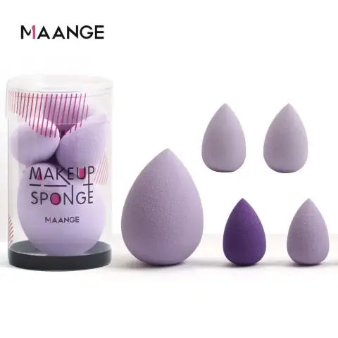 Maange 5pcs multi-color pastel beauty blender makeup sponges in a clear cylindrical case.