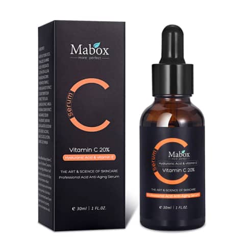 Mabox Vitamin C Serum in amber glass dropper bottle with black cap on white.