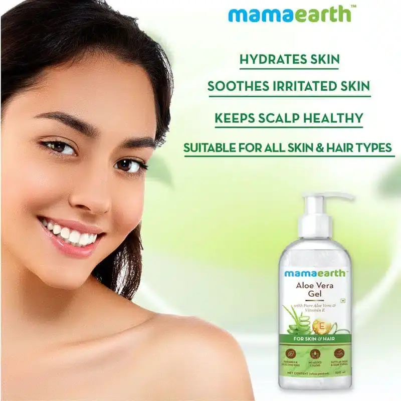 Close-up angled view of Mamaearth Aloe Vera Gel, clear soothing texture dispensed from the tube. - thumbnail