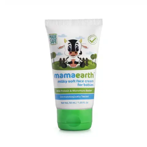 Mamaearth Baby Milky Soft Face Cream 60g white tube, prominent brand logo, angled front view.