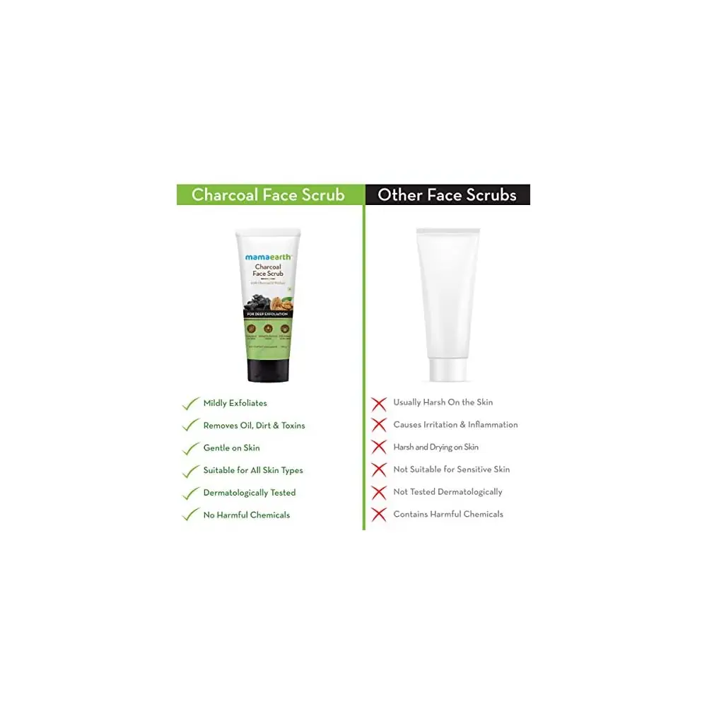 Mamaearth Charcoal Face Scrub 100ml bottle displayed with its brown outer packaging box. - thumbnail