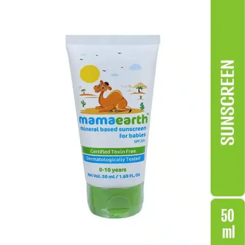 Mamaearth Mineral Based Sunscreen for Babies SPF 20+ in a white tube with light blue cap.