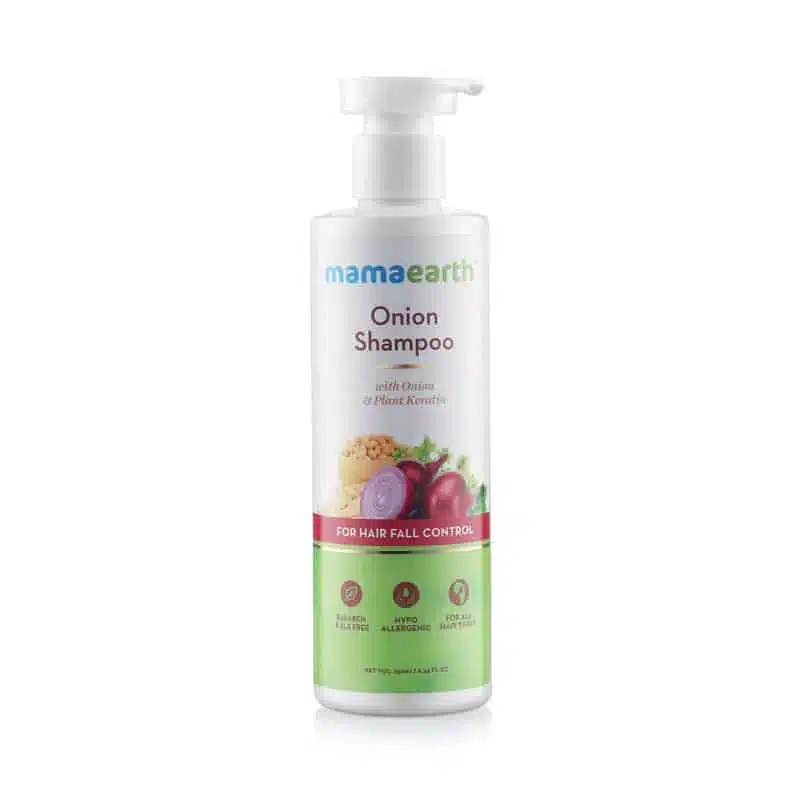 Mamaearth Onion Shampoo 250ml bottle, orange and white, for hair fall control, with pump dispenser. - thumbnail