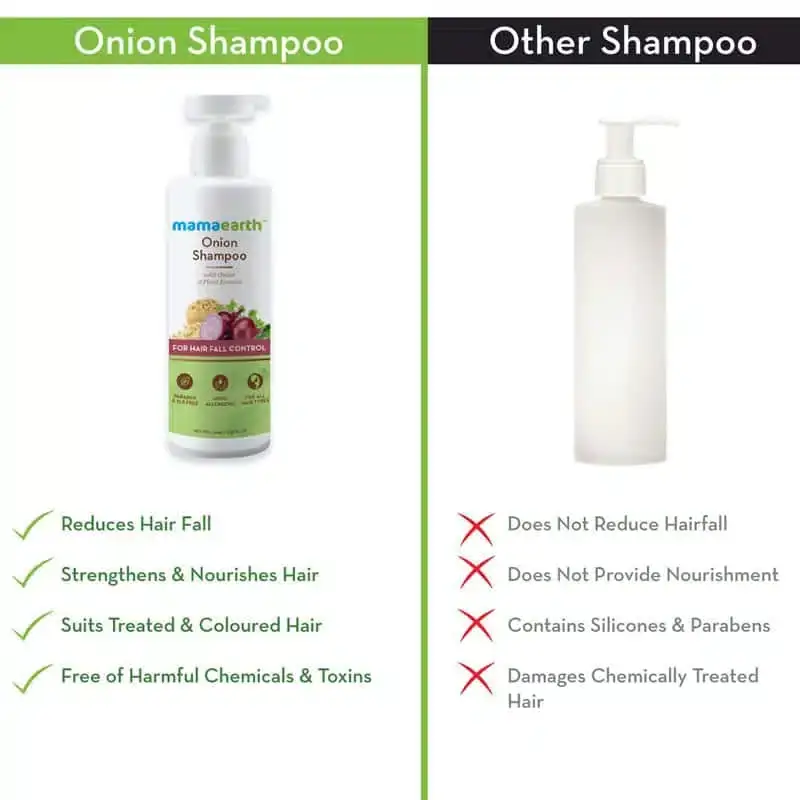 Angled view of Mamaearth Onion Shampoo bottle, showing front label details for hair fall control. - thumbnail