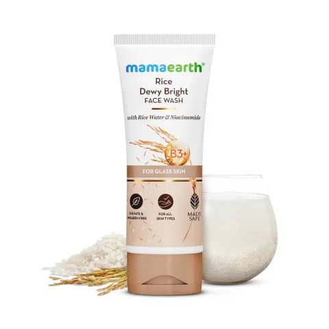 Mamaearth Rice Face Wash 100ml in white tube with green flip cap, angled view.