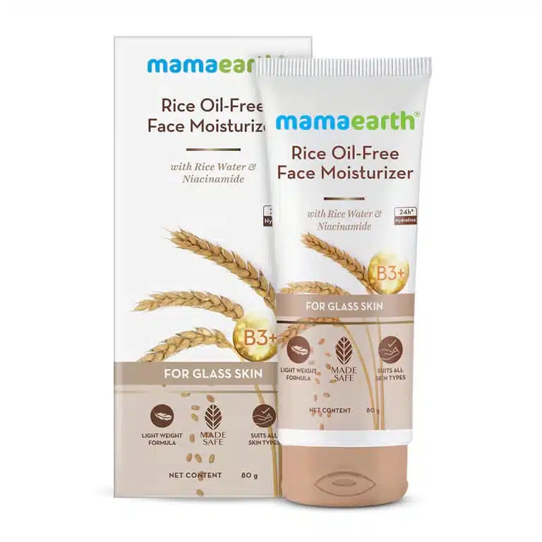 Full front view of Mamaearth Rice Oil Free Face Moisturizer 80g in white tub with green lid. - thumbnail