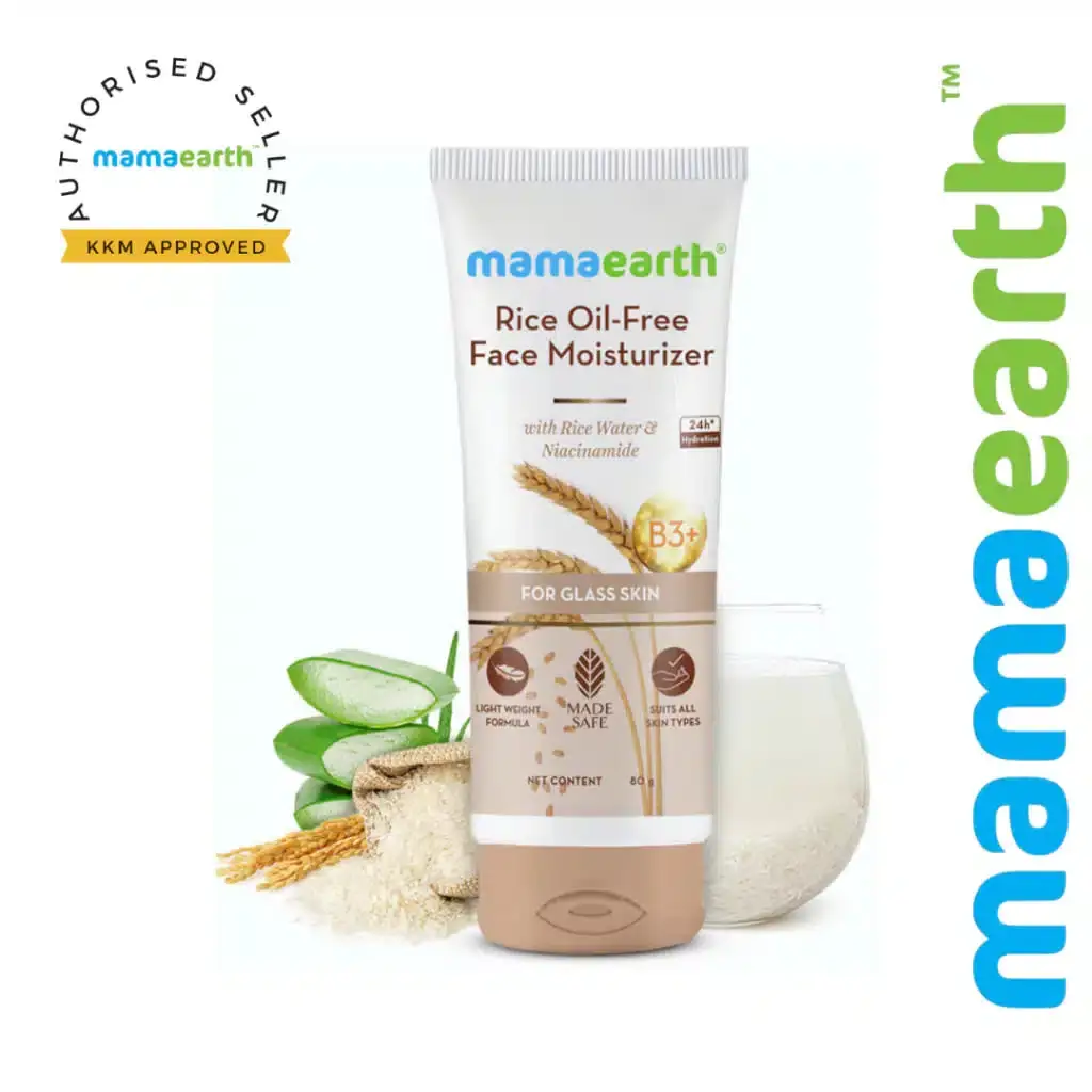 Open Mamaearth Rice Oil Free Face Moisturizer 80g tub revealing smooth white cream texture inside. - thumbnail