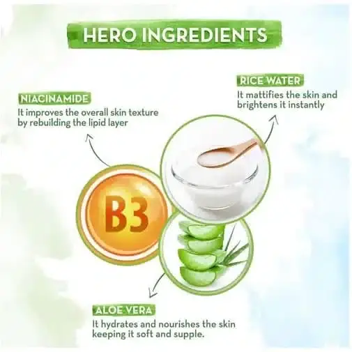 Close-up of Mamaearth Rice Oil Free Face Moisturizer tub label detailing key benefits and ingredients. - thumbnail