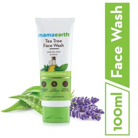 Mamaearth Tea Tree Face Wash 100ml green tube cleanser with white flip cap, front view.