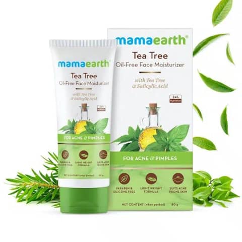 Mamaearth Tea Tree Oil-Free Salicylic Moisturizer 80ml in a vibrant green pump bottle with a transparent cap.