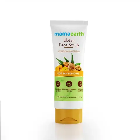 Mamaearth Ubtan Face Scrub 100g white tube with brown cap, turmeric and saffron visible on label.
