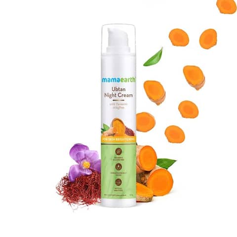 Mamaearth Ubtan Night Cream 50g in white jar with golden cap, prominent front view.