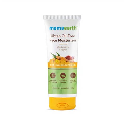 Mamaearth Ubtan Oil-free Face Moisturizer 80ml in a vibrant yellow tube with white cap.