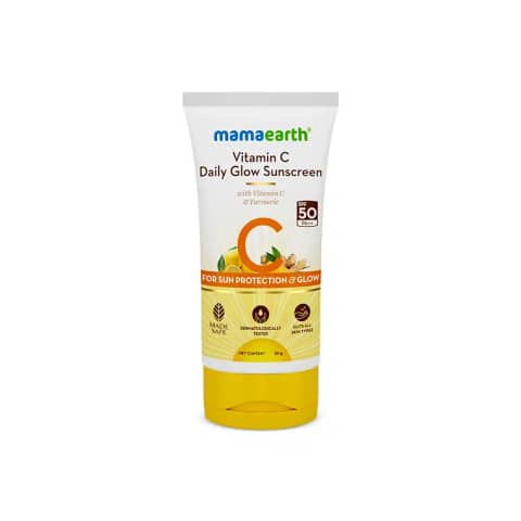 Mamaearth Vitamin C Daily Glow Sunscreen SPF 50 PA++++ tube, vibrant orange with white cap, displayed frontally.